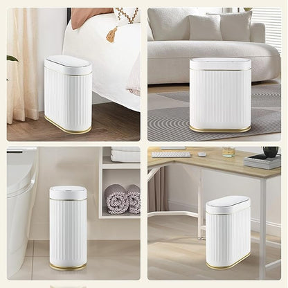 ELPHECO Bathroom Trash Can 2 Gallon Plastic Smart Garbage Can Waterproof 7.5L Wastebasket Bathroom Decor Narrow Garbage Bin with Automatic lid for Bedroom, Kitchen, Office, White Gold