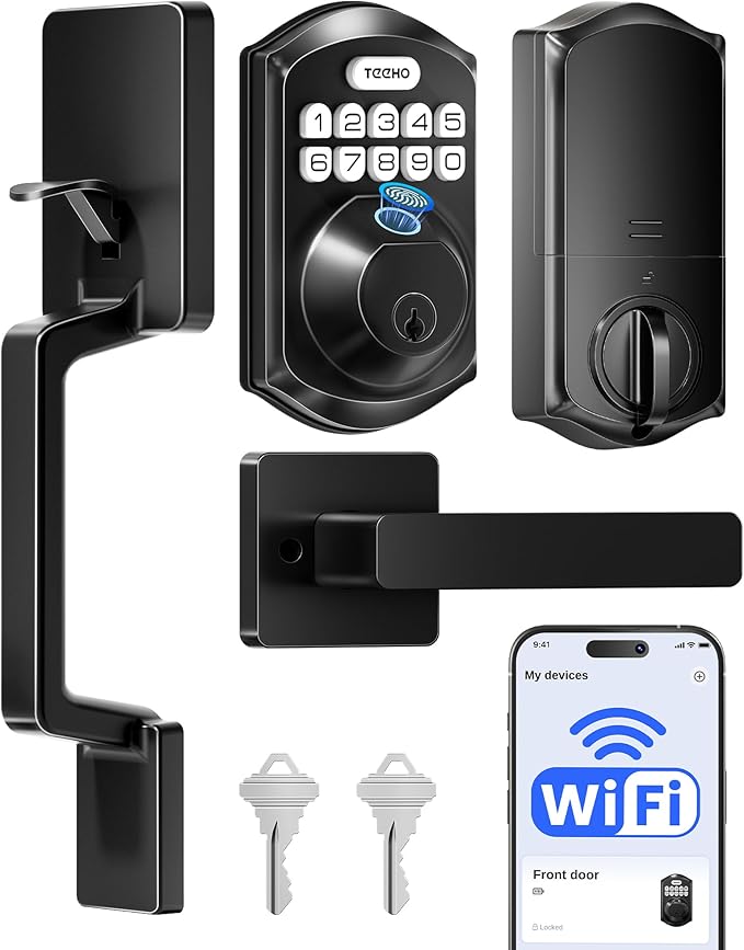 TEEHO TE012W-H WiFi Keypad Door Lock with Handle Set, Fingerprint Smart Locks, Front Door Keyless Entry, APP Remote & Voice Control, Digital Deadbolt with 2 Keys, Auto-Lock, Easy Install, Matte Black