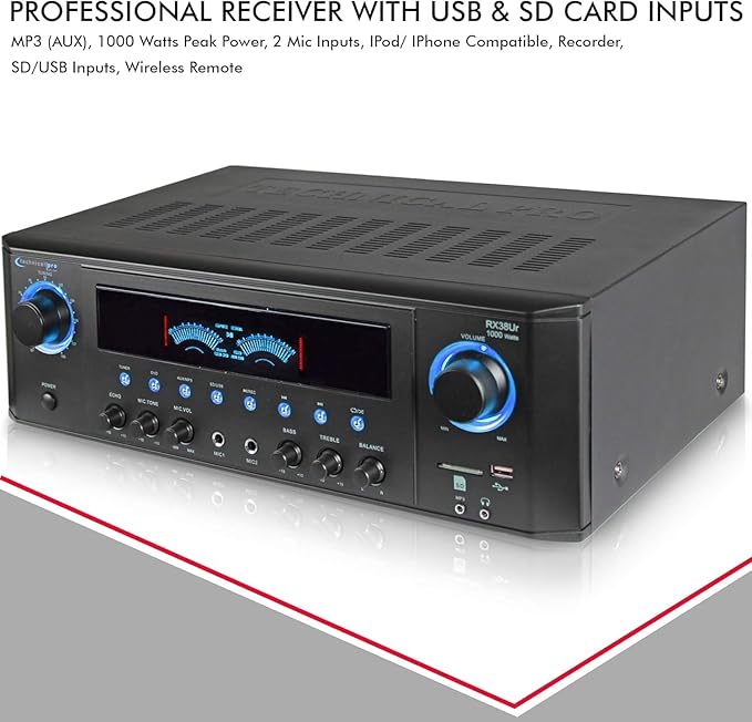 Professional Home Stereo Receiver with USB and SD Card Inputs, MP3 (AUX), 1000 Watts, 2 Mic Inputs, Recorder, Wireless Remote, FM Digital Tuner