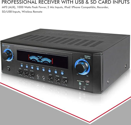 Professional Home Stereo Receiver with USB and SD Card Inputs, MP3 (AUX), 1000 Watts, 2 Mic Inputs, Recorder, Wireless Remote, FM Digital Tuner