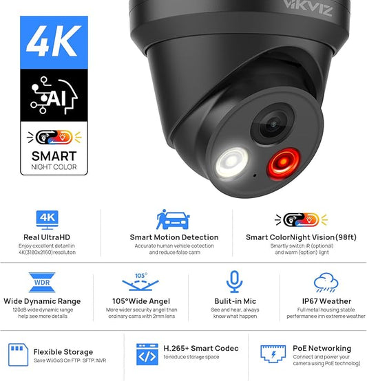 8MP PoE IP Camera Outdoor Indoor,4K Smart Dual Light Turret Camera,Human/Vehicle Detection,Hybrid Color Night Vision,Bulit-in Mic,Full Metal Housing,2.8mm Lens 105°Wide Angle,IP67,ON-VIF (Black)