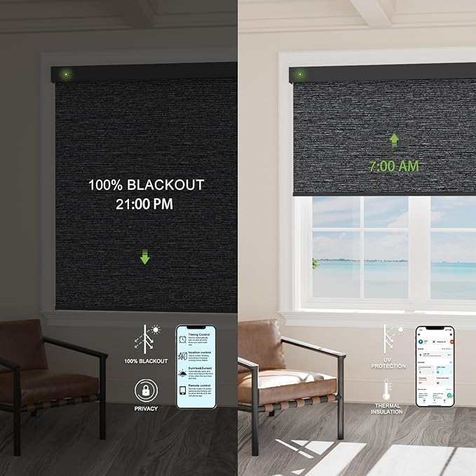Motorized Blinds with Remote，100% Blackout Smart Blinds Motorized Roller Shades Compatible with Alexa Automatic Blinds for Windows Electric Window Blinds Customized Size Midnight