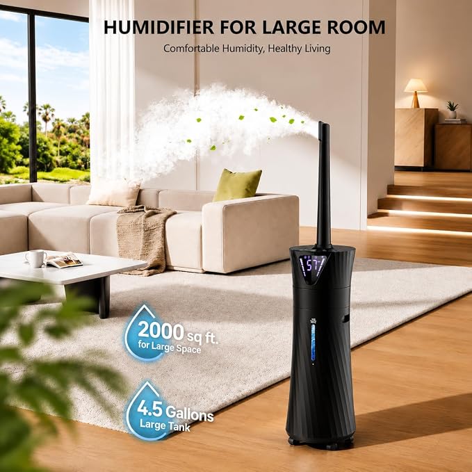 17L Humidifiers for Bedroom Large Room – Ultra Quiet (35dB), 56H Runtime, Smart App&Remote, Auto Humidistat, Top Fill Cool Mist Humidifier, Aroma Diffuser, Auto Shut-Of – Whole House, Black