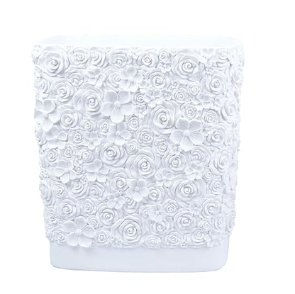Hymmah Bathroom Trash Can 1.8 Gallon(7 Liter) Small Kitchen Garbage Can,Decor Wastebasket for Bedroom Office,Resin Hand-Carved Rose Flower White