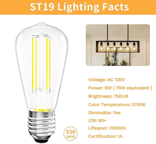 Edison Bulbs E26 Medium Base 2700K Soft White, 750LM ST19 Vintage LED Filament Bulb Clear Glass, Equivalent 75W Dimmable Lights Bulb 90+ CRI for Chandeliers, Pendants, Wall Sconces-18 Pack