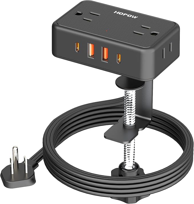 HOPOW Desk Clamp Power Strip, Desktop Mount Charging Station with 4 Outlets 4 USB Ports (2 USB C), 6Ft Under Desk Power Strip, Fits 2.75" Tabletop Edge, Extension Cord for Home Office, Black