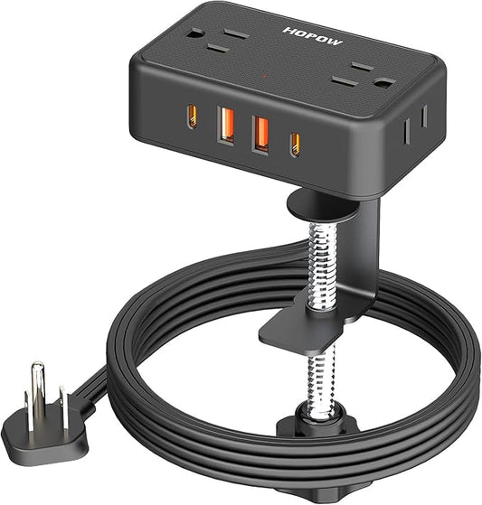 HOPOW Desk Clamp Power Strip, Desktop Mount Charging Station with 4 Outlets 4 USB Ports (2 USB C), 6Ft Under Desk Power Strip, Fits 2.75" Tabletop Edge, Extension Cord for Home Office, Black