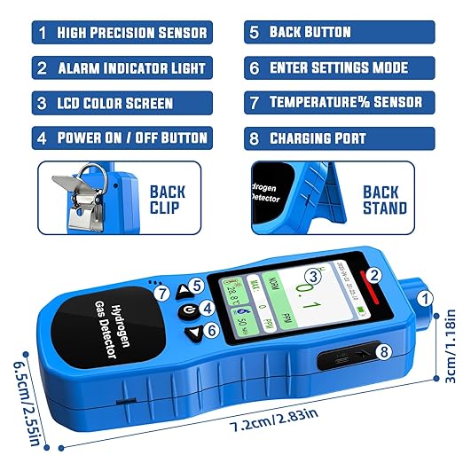 Hydrogen Gas Detector 0-1000 PPM, 0.1 PPM High Accuracy H2 Monitor with 3 Types Alarm, Rechargeable Hydrogen Meter, Portable H2 Air Quality Meters with Temperature Humidity Tester