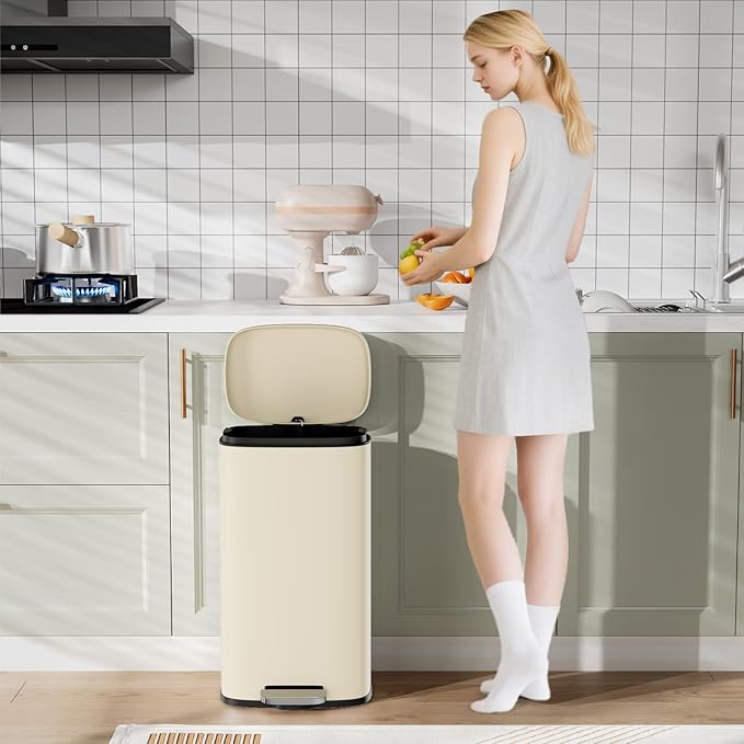 Arlopu 8/13.2 Gallon Step Trash Can, Stainless Steel Garbage Bin, Soft-Close Rubbish Bin with Removable Plastic Inner Bucket, Fingerprint-Proof, Lid Dustbin, Suit for Kitchen (Beige, 50L)