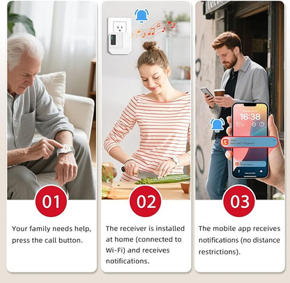CallToU Wi-Fi Wireless Caregiver Pager Call Button for Elderly at Home , APP Emergency Alert for Seniors, Patients, and the Disabled with 2 Call Button, 1 Watch Button, 1 Receiver (2.4GHz Wi-Fi)