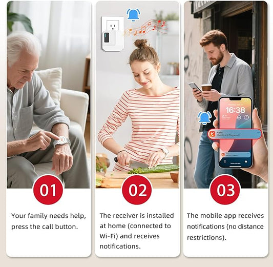 CallToU Wi-Fi Wireless Caregiver Pager Call Button for Elderly at Home , APP Emergency Alert for Seniors, Patients, and the Disabled with 2 Call Button, 1 Watch Button, 1 Receiver (2.4GHz Wi-Fi)