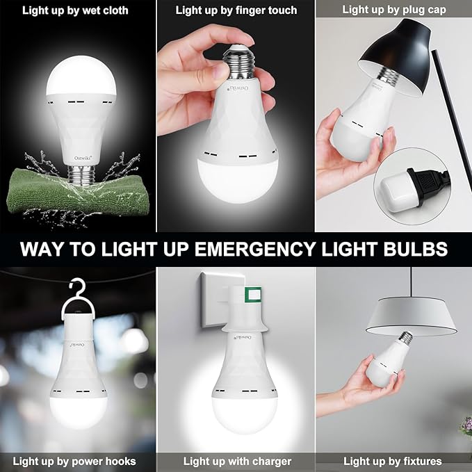 Ostwiki 10 Pack Rechargeable Emergency Light Bulbs,Battery Operated Backup Light Bulb for Power Outage Camping Outdoor Hurricane 9W E27 8500K 1200mAh White Self-Charging LED Light Bulbs