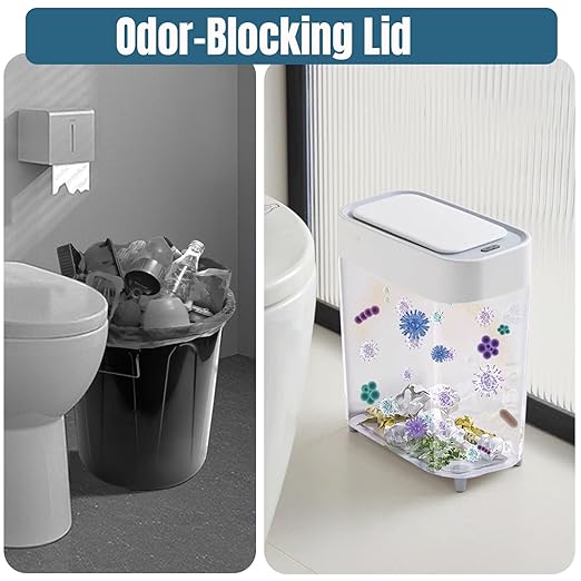 LALASTAR 2 Pack Automatic Trash Can Bathroom, Touchless Garbage Can with Lid, Slim Motion Sensor Waterproof Plastic Trash Bins for Bedroom Office Toilet, 2.3 Gallon, White+Grey Trim