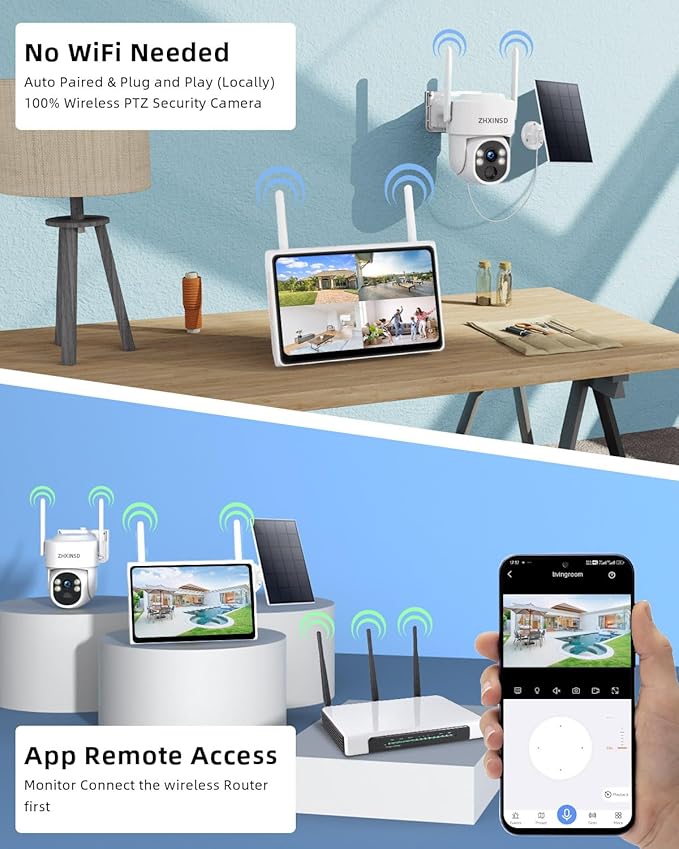 PTZ Security Cameras Wireless Outdoor Solar Powered, Pan Tilt 360 View 10 CH Ultra 4MP Home Security Camera System with 4 Cameras Human Detection Two Way Audio Color Night Vision 64G Storage