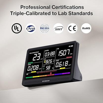 bonoch 16 in 1 Air Quality Monitor Indoor 7" Display 9 AQI+7 AQI Alerts, CO2 Monitor Air Quality Tester for CO2, TVOC, PM2.5 PM1.0 PM10, HCHO Temperature Humidity AQI & Time Air Quality Meter for Home