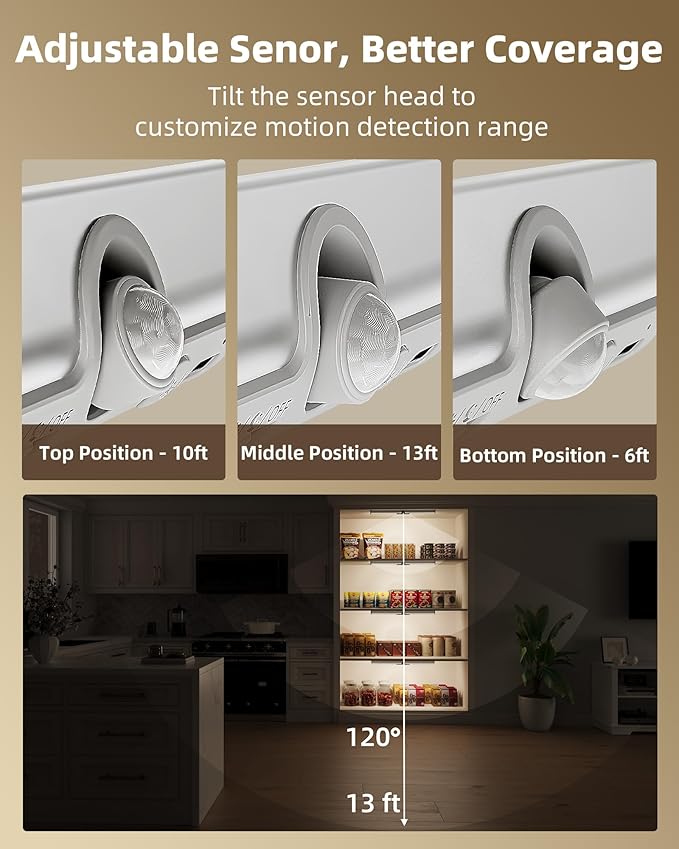 EZVALO 17-Inch LED Motion Sensor Closet Lights, 3600mAh Rechargeable Battery Operated, 150 Lumens No-Glare Curved, 3 Color Temperatures & Dimmable Wardrobe Lights for Pantry & Shelves - 3 Pack