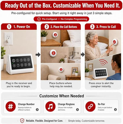 CallToU Wireless Calling System Caregiver Pager Call Button System with 10 Waterproof Call Buttons and 1 Number Receiver for Clinic Nurses Station Restaurant Nursing Home