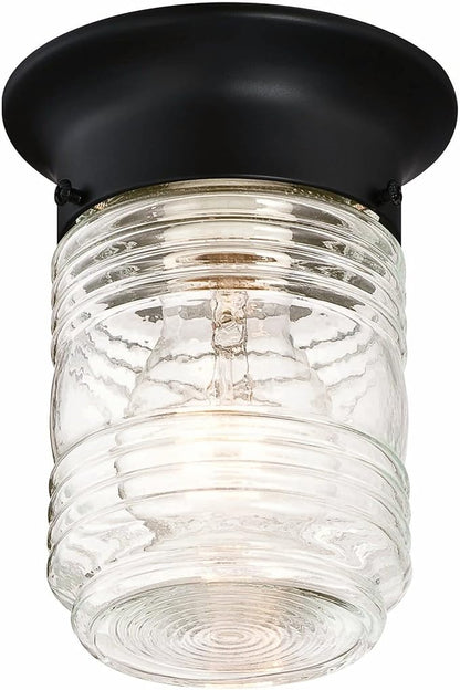 Design House Jelly Jar Indoor Outdoor Flush Mount Ceiling Light, Matte Black, 5.9 in H x 4.8 in Dia, Damp Rated, Dimmable, Uses 1 E26 Bulb, Ribbed Clear Glass, Weather-Resistant Steel, 587220