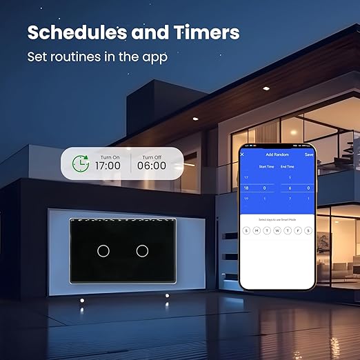 Smart Switch Aluminum Frame,2.5D Glass Panel,4.65 X 2.83 X 1.26 Inches,Need Neutral Wire,2.4GHz WiFi,Work with Tuya/Smart Life,App/Voice Control,Black 2 Button