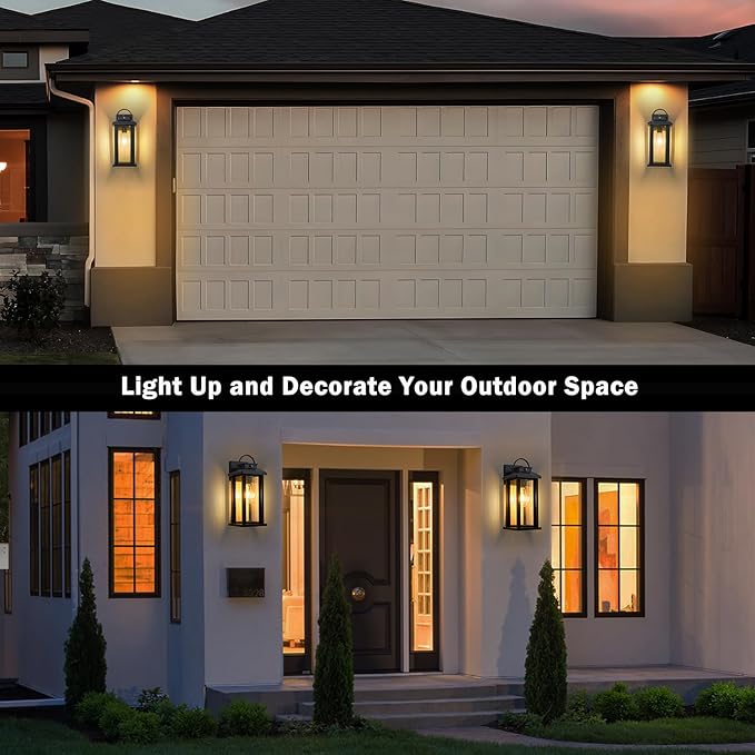 2-Pack 15.5 Inch Large Dusk to Dawn Outdoor Lighting, Matte Black Porch Lights Outdoor Light Fixture with Clear Seeded Glass, Waterproof Anti-Rust Exterior Lighting Fixtures for House