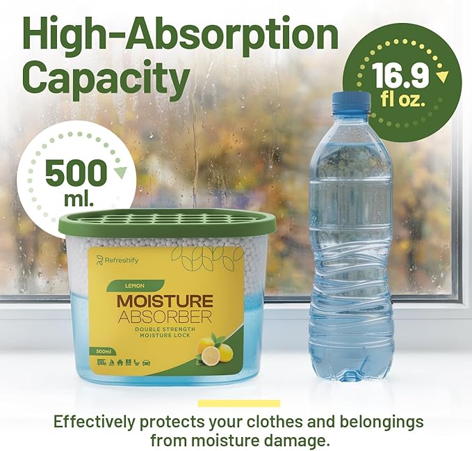 Premium Moisture Absorbers and Dehumidifier Tubs – High-Efficiency Closet Dehumidifier and Dehumidifier for Car, Odor Control Lemon Scent, 6 Pack, 7.5 Oz