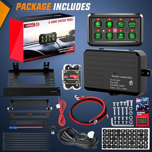 Nilight 8 Gang Switch Panel System Circuit Control Relay System Fuse Wiring Harness Automatic Dimmable ON Off LED Switch Pod for 12V Cars Trucks Campers SUV, 2 Years Warranty | Universal Circuit Control Fuse Wiring Harness ON Off Green Backlit LED Pod ...