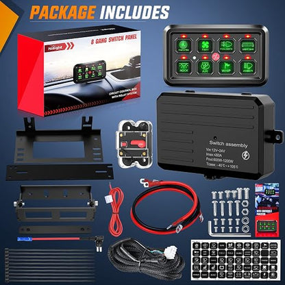 Nilight 8 Gang Switch Panel System Circuit Control Relay System Fuse Wiring Harness Automatic Dimmable ON Off LED Switch Pod for 12V Cars Trucks Campers SUV, 2 Years Warranty | Universal Circuit Control Fuse Wiring Harness ON Off Green Backlit LED Pod ...