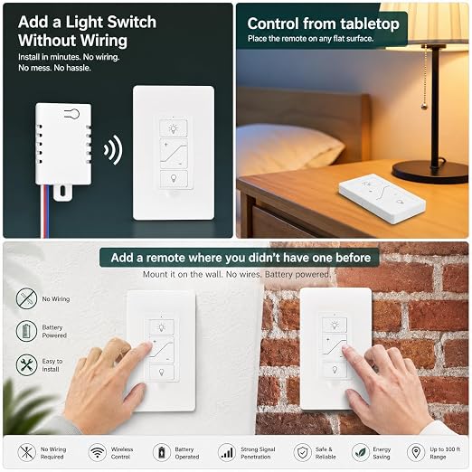 Nexete Smart Wireless Light Switch, Dimmer Switch & Receiver Kit No Wiring Wireless Remote Control,Remote & Voice Control,Bluetooth Work with Amazon Alexa Only, ETL Certified (1 Switch & 1 Receiver)