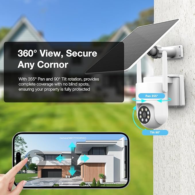 5MP Solar Security Cameras Wireless Outdoor, 3K AOV 24/7 Recording Cameras for Home Security with 360° View, APP Alarm, Auto Tracking, Night Vision, Dual-Band WiFi, IP65, 8W Solar Panel