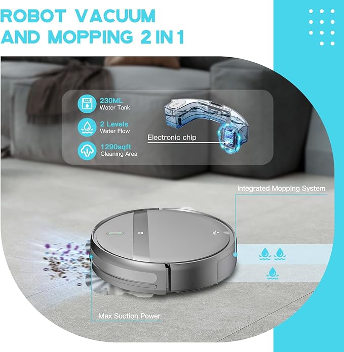 Kilgone Robot Vacuum and Mop, App/Alexa Control for Pet Hair, Hard Floor, Carpet, Customized Cleaning