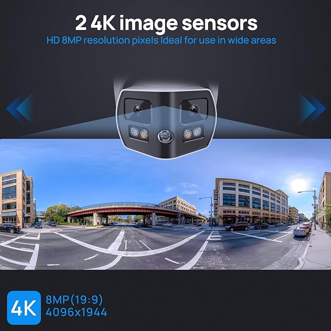 4K 8MP Dual Lens Security Camera Outdoor with 180° Panoramic Wide Angle, Human/Vehicle Detection, Full Color/EXIR 2.0 Night Vision, POE IP Camera with 2-Way Audio, SD Slot(up to 512G),IP67,B LUE Iris