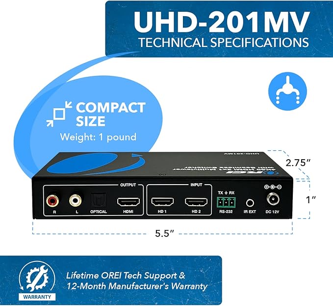 OREI 4K HDMI Multi Viewer 2 in 1 Out Switcher 2 Ports Seamless IR Remote Support 4K @ 60Hz 1080P for PS4/PC/DVD/Security Camera HDMI Switch Optical Audio L/R Output - (UHD-201MV)