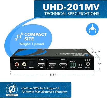 OREI 4K HDMI Multi Viewer 2 in 1 Out Switcher 2 Ports Seamless IR Remote Support 4K @ 60Hz 1080P for PS4/PC/DVD/Security Camera HDMI Switch Optical Audio L/R Output - (UHD-201MV)