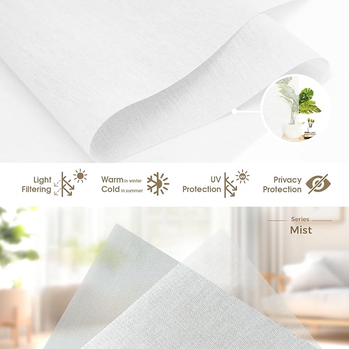HeyBlinds Motorized Blinds with Remote, Smart Roller Shades with App & Voice Control, Compatible with Alexa Google HomeKit, Light Filtering Custom Window Shades for Living Room Office (Mist-White LF)