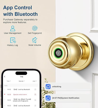 Fingerprint Door Lock, Smart Fingerprint Door Knob with Lock, Biometric Door knob with App Control & Key, Keyless Entry Door Locks for Bedrooms, Front Door, Home, Apartment Office-Polished Brass
