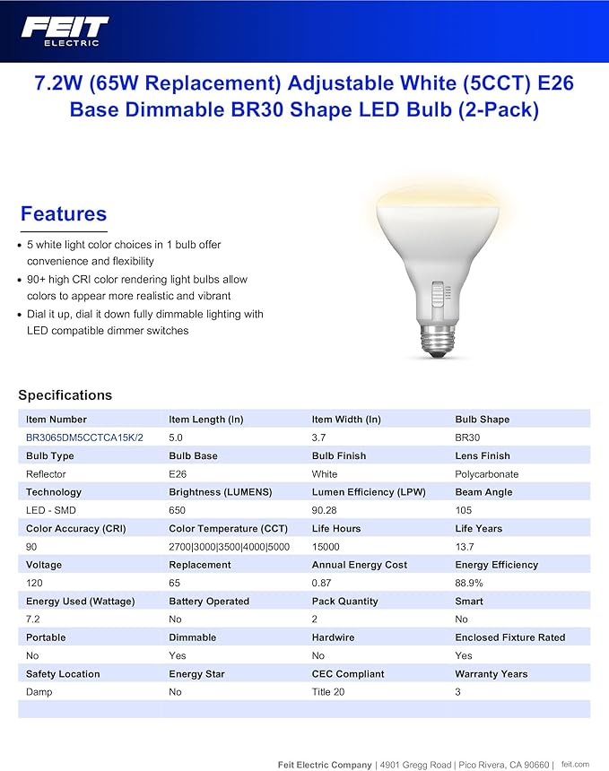 Feit Electric BR30 LED Light Bulb, 65W Equivalent, Dimmable, 5CCT, E26 Medium Base, 90 CRI, 650 Lumens, Adjustable White, 13 Years Lifetime, 2 Pack, BR3065DM5CCTCA15K/2