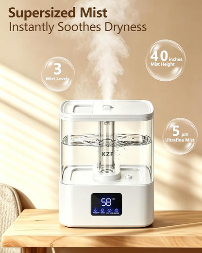 KZF 4L Top Fill Humidifiers for Bedroom & 40H Runtime - Cool Mist Humidifier, 3 Mist Levels, 8H Timer, Essential Oil Tray, Humidity Display, Quiet for Baby, Plants, Large Room (White, 4, Liters)