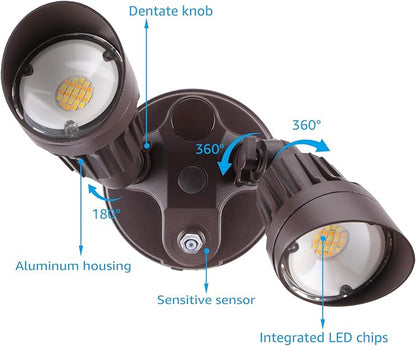 LEONLITE 3CCT Dusk to Dawn LED Security Lights, Adjustable Dual-Head Flood Light Outdoor with Photocell, 3000K/4000K/5000K Selectable, 25W(200W Equiv.), Wet Location, Aluminum, ETL Listed, Bronze