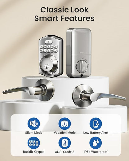 Veise Keyless Entry Door Lock with 2 Lever Handles - Electronic Keypad Deadbolt, Easy Installation Digital Smart Front Door Lock Set, Satin Nickel