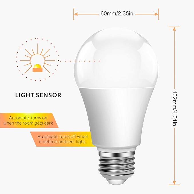 Dusk to Dawn Light Bulbs, 9W (100 Watt Equivalent) Automatic On/Off Light Sensor Bulb, Built-in Photocell Detector No Timer Required E26 A19 120V 6000K Cool White for Indoor Outdoor Yard Patio Garage