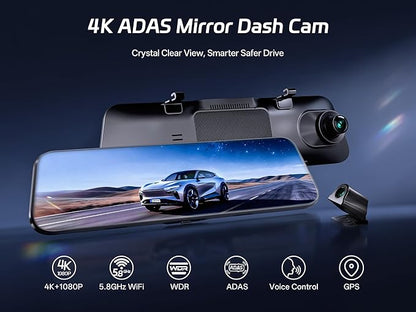 Pelsee P12 Pro 4K Mirror Dash Cam w/ADAS and BSD, 5.8GHz WiFi 20MB/s Download, Rear View Mirror Camera 4K Front and 1080P Rear, Voice Control, GPS, Color Night Vision, 12" Touch Screen,32G Memory Card