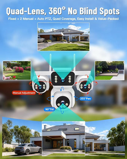 4-in-1 Wireless Outdoor Security Camera, Quad-View PTZ with 8MP HD, 16X Zoom, AI Human/Pet Detection, Color Night Vision, IP66 Weatherproof, 2-Way Audio, Dual Storage for Home Security
