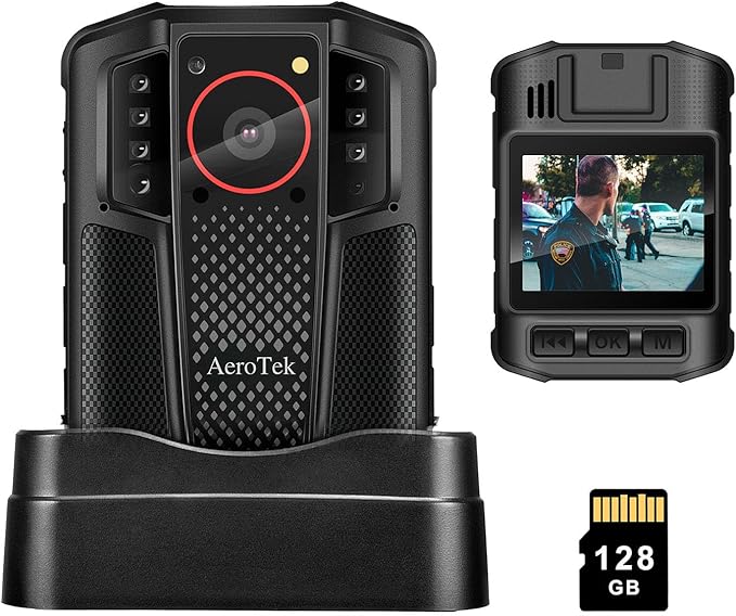 AeroTek Mini 4K Body Camera with Audio and Video Recording, GPS Bodycam with Ultra Infrared Night Vision and Fast Charging for Police, Law Enforcement and Delivery (128GB SD Card Set)