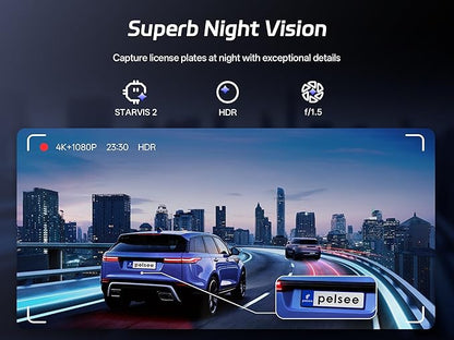 Pelsee S12 Pro Mirror Dash Cam with STARVIS 2 Sensor, Rear View Mirror Camera 5.8GHz WiFi, 4K Front and 1080P Rear Backup Camera for Car, ADAS &BSD, Voice Control, Color Night Vision, 64G Meomory Card