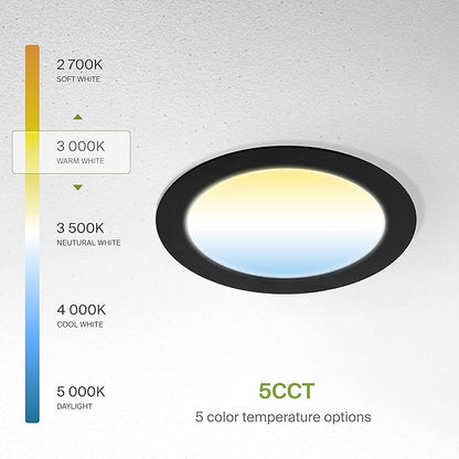 ASD 6 Pack LED Recessed Lighting 6 Inch 15W, 5 CCT 2700K-5000K CRI90+, IC Rated Ultra Thin Dimmable Ceiling Lights with J Box, Canless Wafer Downlight, Round Slim Panel Light, UL Energy Star, Black