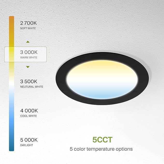 ASD 12 Pack LED Recessed Lighting 6 Inch 15W, 5 CCT 2700K-5000K CRI90+, IC Rated Ultra Thin Dimmable Ceiling Lights with J Box, Canless Wafer Downlight, Round Slim Panel Light, UL Energy Star, Black