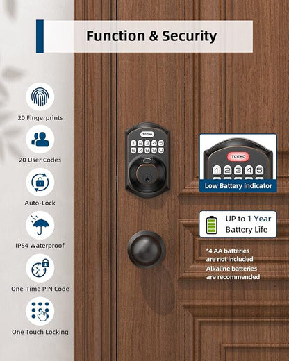 TEEHO TE002K Keyless Fingerprint Deadbolt Door Lock - Smart Lock with Handle and Keypad - Oil-Rubbed Bronze