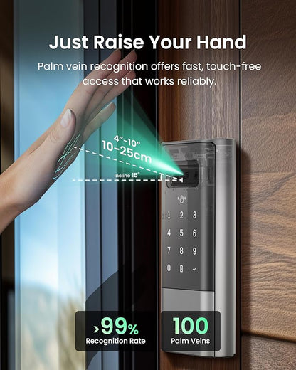 DESLOC K140Plus Smart Door Lock with Palm Vein Recognition, Keyless Entry Door Lock with Keypad Deadbolt, App Control, Auto Lock Digital Door Lock for Front Door with Mechanical Key Backup, Silver
