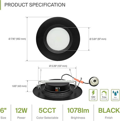 ASD Black Retrofit LED Recessed Lighting 6 Inch - 12W 2700K-5000K 1078LM Can Lights for Ceiling 6 Inch, Dimmable Black Recessed Lights, Baffle Trim Wet Rated Wafer Lights, ETL, Energy Star