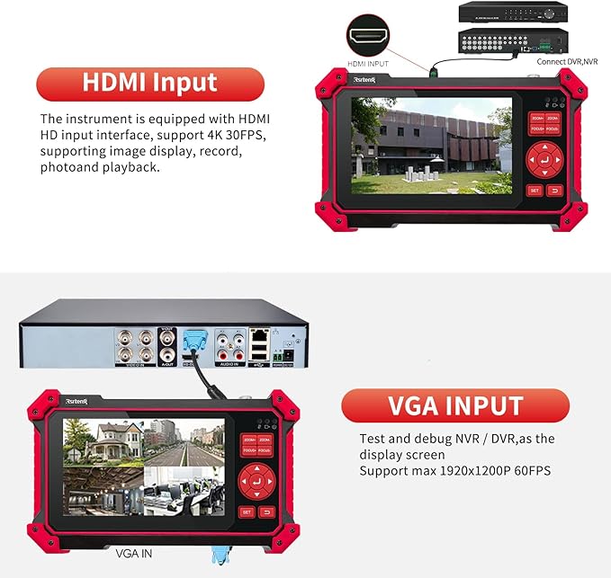 Rsrteng CCTV Tester Monitor Auto HD Coaxial Camera Tester 4K 8MP TVI/CVI/AHD/CVBS Video Monitor 5 inch TFT-LCD Screen Support Cable Tester, HD VGA Input PTZ Control RS485 OSD Menu DC12V Power Output